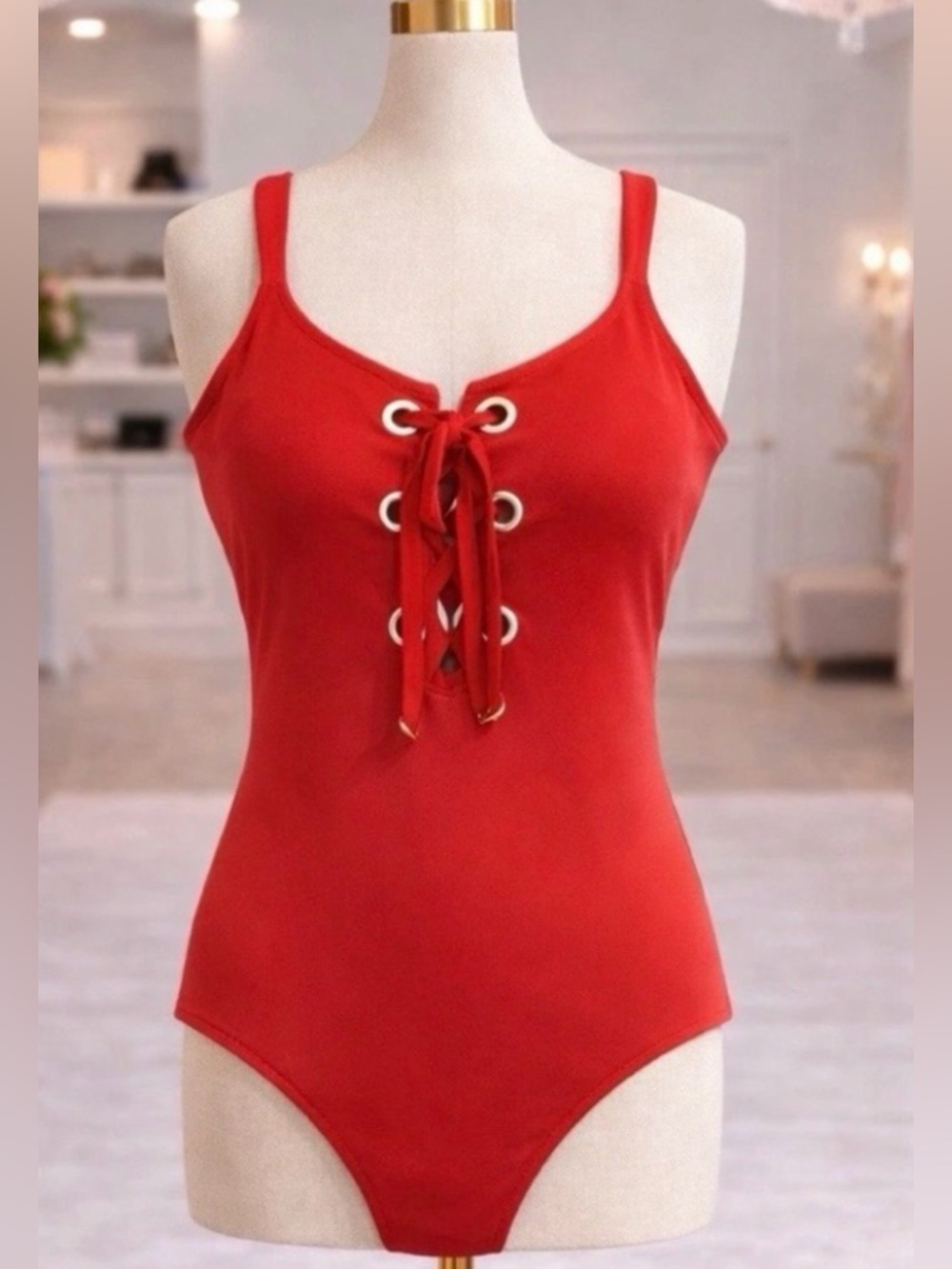 Michael Kors Red Lace Up One Piece Swimsuit Tie Front 14 NWOT